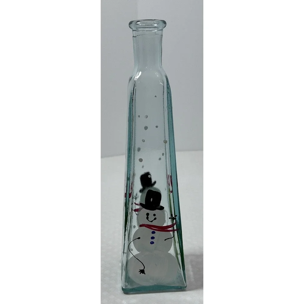 Clear Hand Painted Snowman & Christmas Tree Flower Bud Vase Bottle
